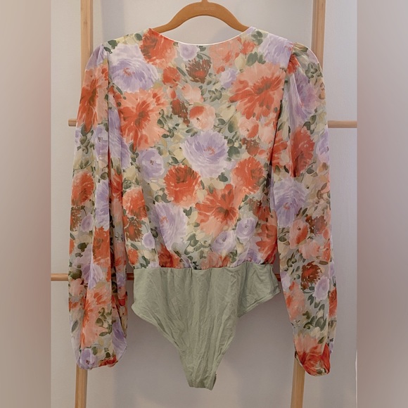 Peach Love California Multi Color Floral Faux Wrap Long Sleeve Bodysuit - Picture 3 of 5